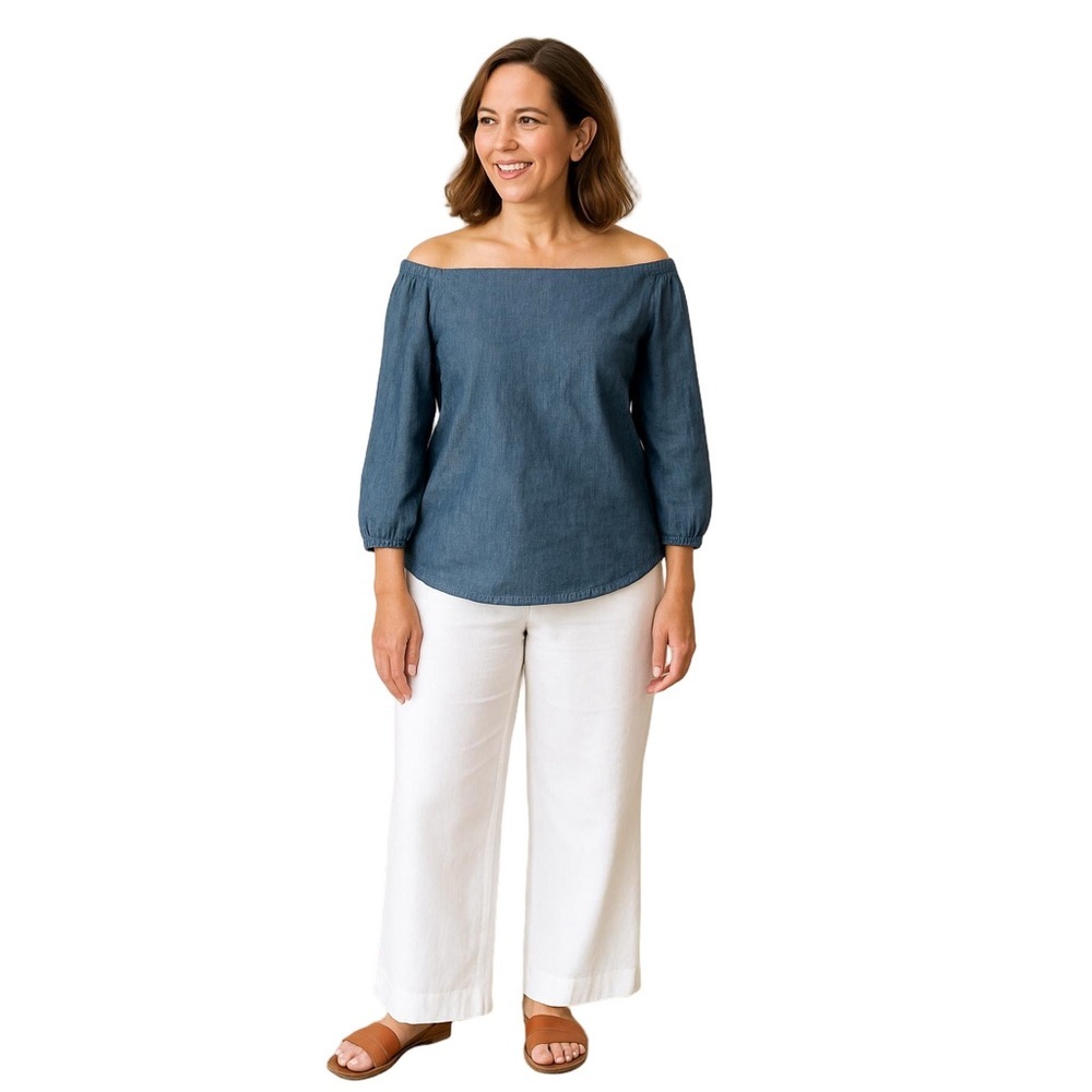 Chico's Linen Blend Off Shoulder Chambray Denim Casual Top Blue Size 0/Small
